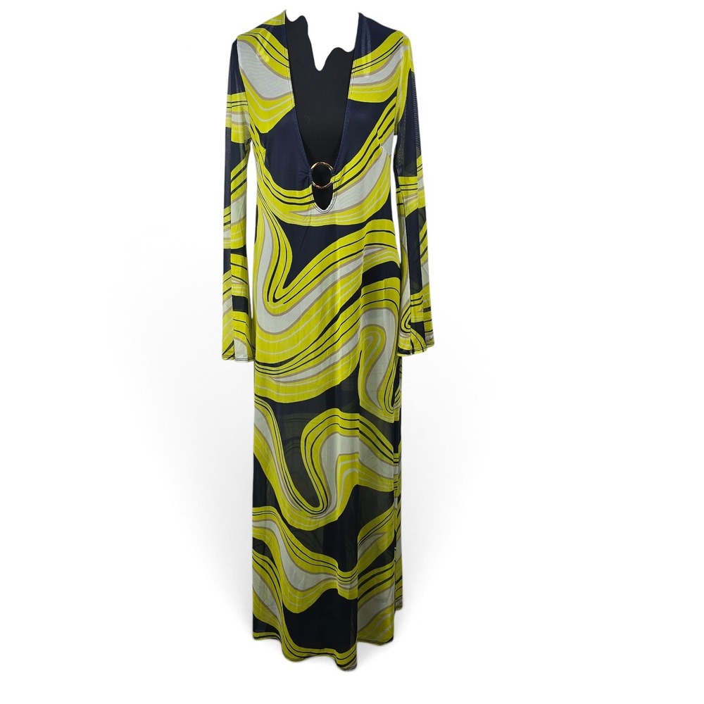Trina Turk Maxi Dress Women Small Blk Yellow Swirl Mesh Ring Beach Cover Up NEW